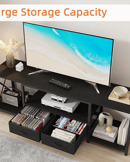 TV Stand with Fabric Drawers for 65 70 75 Inches TV - Entertainment Center and Industrial TV Console Table with Open Storage Shelves for Living Room, Bedroom - 63.5" Black - LeafyLoom