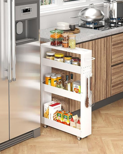 Slim Storage Cart, 4-Tier Kitchen Rolling Cart Narrow Storage Cabinet with Handle & Wheels, Metal Rolling Shelf Unit for Kitchen Bathroom Laundry Small Places(5 in Width/White) - LeafyLoom