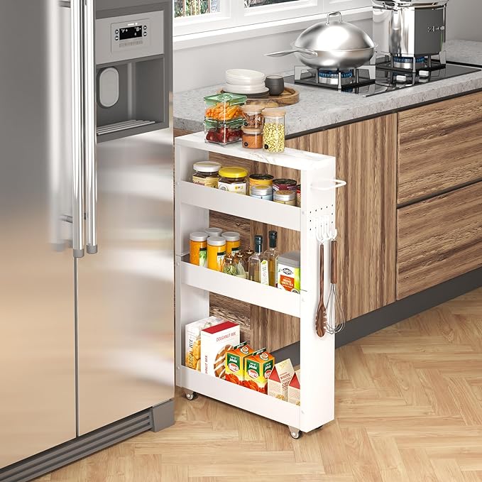 Slim Storage Cart, 4-Tier Kitchen Rolling Cart Narrow Storage Cabinet with Handle & Wheels, Metal Rolling Shelf Unit for Kitchen Bathroom Laundry Small Places(5 in Width/White) - LeafyLoom