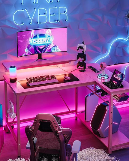 Bestier Gaming Desk with Power Outlets,42 LED Small Corner Computer Desk with Reversible Storage Shelves,L Shaped Desk with Hooks Workstation Desk for Office and Bedroom,Pink Carbon Fiber - LeafyLoom