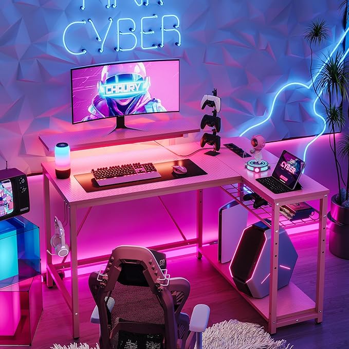 Bestier Gaming Desk with Power Outlets,42 LED Small Corner Computer Desk with Reversible Storage Shelves,L Shaped Desk with Hooks Workstation Desk for Office and Bedroom,Pink Carbon Fiber - LeafyLoom