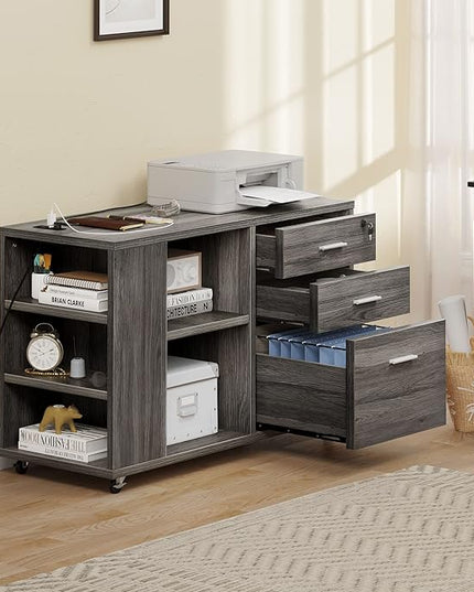 YITAHOME File Cabinet with Charging Station, Mobile Lateral Filing Cabinet with Lock for Home Office, Printer Stand with Open Storage Shelf, Fits A4, Letter, Legal Size Files, Office Furniture, Grey - LeafyLoom