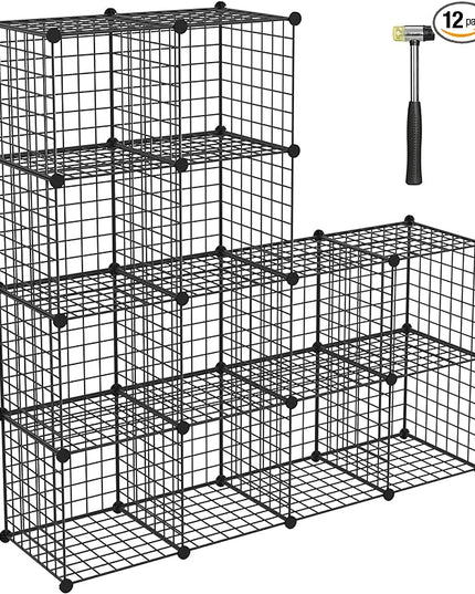 TUMUCUTE Wire Storage Cubes, Metal Storage Shelves Bookshelf, Stackable Modular Closet Organizer for Bedroom Living Room, Office, Black (12 Cubes, Iron) - LeafyLoom