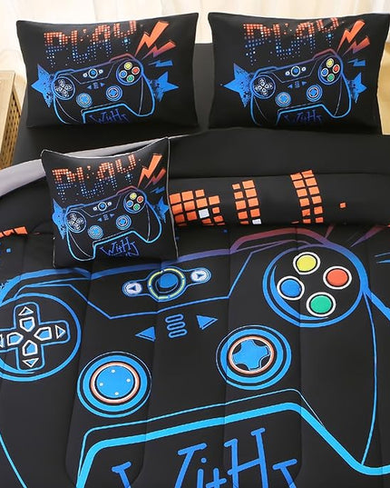 6Pcs Game Console Comforter Set with Sheets for Boys Girls Kids Teens, Geometric Gaming Themed Bed in A Bag Full Size, 3D Video Gamer Controller Bedroom Decor Bedding Set(Blue) - LeafyLoom