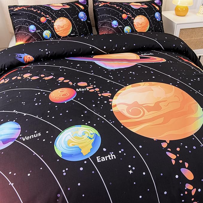 6 Pcs Solar System Comforter Set Full Outer Space Bedding Set Universe Planets Theme Comforter for Boys Kids Ultra-Soft (1 Comforter, 2 Pillowcases, 1 Flat Sheet, 1 Fitted Sheet,1 Pillowcover) - LeafyLoom