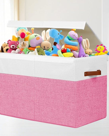 Large Toy Storage Box with Lid, Sturdy Toys Storage Chest Bin Organizer Basket with Dividers for Kids, Boys, Girls, Nursery, Closet, Bedroom, Playroom 25"x13" x16" (Pink and White) - LeafyLoom