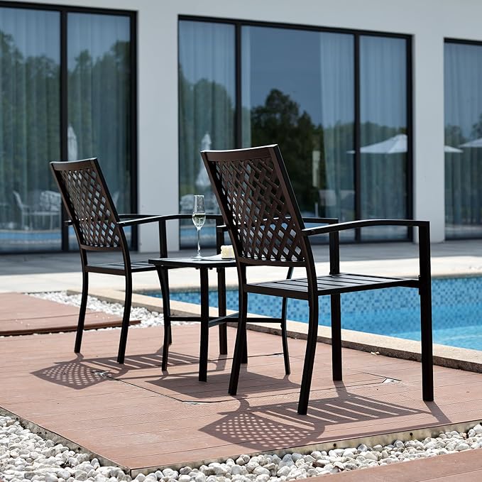 3 Piece Iron Bistro Set Stackable Outdoor Patio Furniture Set with 2 Large Comfortable Porch Chairs and Metal Coffee Table, Black - LeafyLoom