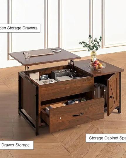 FABATO 41.7" Lift Top Coffee Table with Storage Drawer& Hidden Compartment Barn Door Cabinet Center Sofa Console Table for Living Room Farmhouse Industrial Wood, Espresso - LeafyLoom