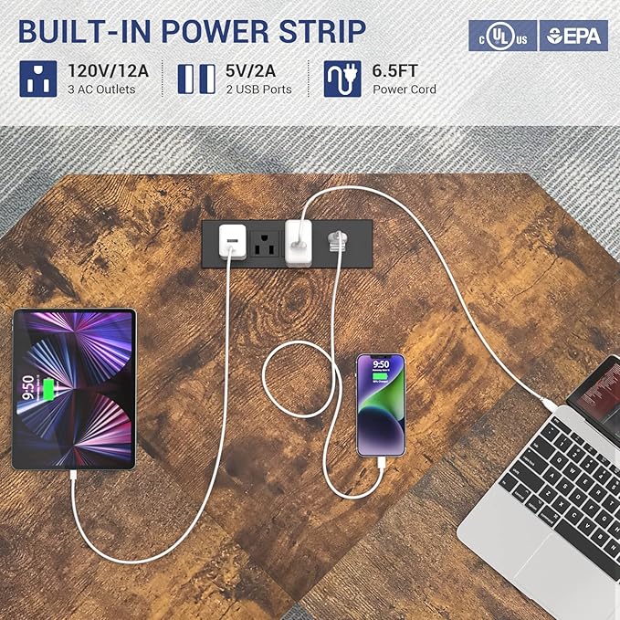 Aheaplus L Shaped Gaming Desk with Power Outlets & LED Lights, Corner Computer Desk with Monitor Stand and Storage Shelf, Home Office Writing Desk with Storage Bag, Rustic Brown - LeafyLoom