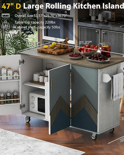Retro Mountain Wood 47" D Rolling Island with Drop Leaf, Farmhouse Cart on Wheels with Internal Storage Towel Rack for Kitchen, Dining Room, White, 51.57 Inch - LeafyLoom