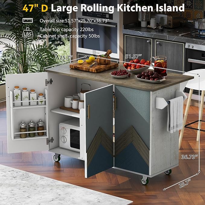 Retro Mountain Wood 47" D Rolling Island with Drop Leaf, Farmhouse Cart on Wheels with Internal Storage Towel Rack for Kitchen, Dining Room, White, 51.57 Inch - LeafyLoom