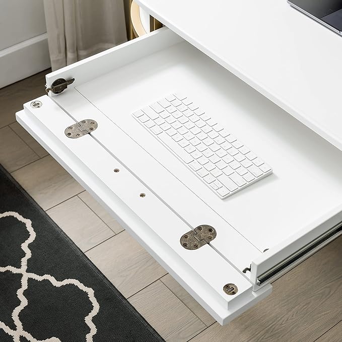 Leick Home 85405 Home Office Computer Desk with Dropfront Keyboard Drawer, Furniture, Cottage White/Gold - LeafyLoom
