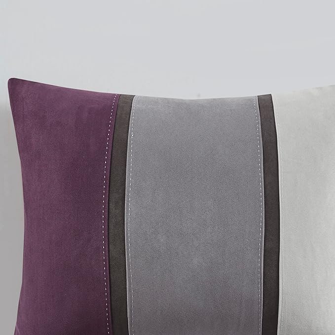 Madison Park Palisades Comforter Set Modern Faux Suede Pieced Stripe Design, All Season Down Alternative Cozy Bedding with Matching Shams, Decorative Pillows, King(104"x92"), Purple 7 Piece - LeafyLoom
