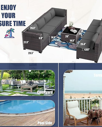 Outdoor Furniture Set 7PCS Patio Furniture for Backyard Wicker Sectional Sofa Set 6 Seats, PE Rattan Outdoor Conversation Set with Thickened Cushions and Glass Coffee Table, Grey - LeafyLoom