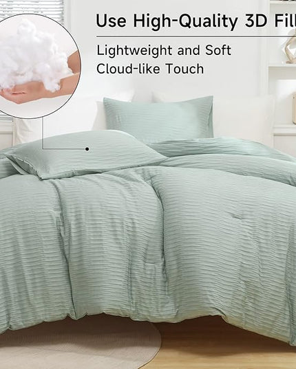 Sage Green Seersucker Comforter Set Twin Size (66x90 in), 2 Pieces Soft Crinkled Textured Comforter with 1 Pillowcase, Lightweight Microfiber Down Alternative Bedding Set for All Season - LeafyLoom