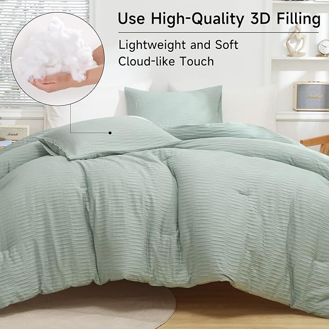 Sage Green Seersucker Comforter Set Twin Size (66x90 in), 2 Pieces Soft Crinkled Textured Comforter with 1 Pillowcase, Lightweight Microfiber Down Alternative Bedding Set for All Season - LeafyLoom