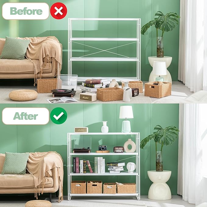 HCHQHS Bookshelf, 4-Tier Industrial Bookcase, White Open Book Shelf, Freestanding Tall Bookshelves with Metal Frame - LeafyLoom