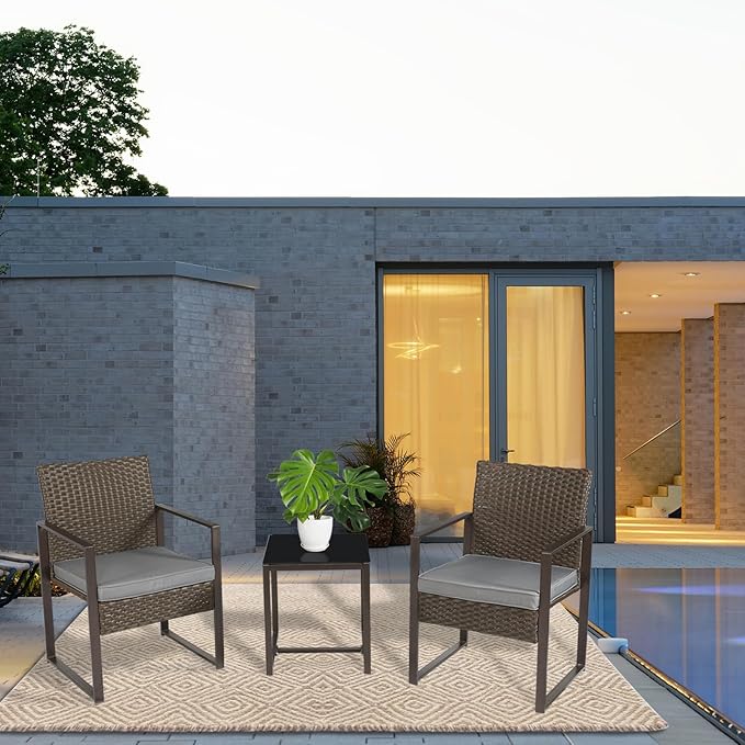 3 Pieces Patio Furniture Set Outdoor Wicker Bistro set Rattan Chair Conversation Sets with Coffee Table for Porch, Balcony,Garden,Backyard and Removable Cushions Grey - LeafyLoom
