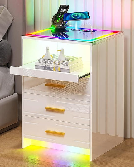 HNEBC High Gloss Nightstand with Wireless Charging Station, Smart Night Stand with RGB Dynamic Lighting, Modern Bed Side Table with Drawers Sliding Tray, Glass Tabletop, Motion Sensor Lights(C White) - LeafyLoom