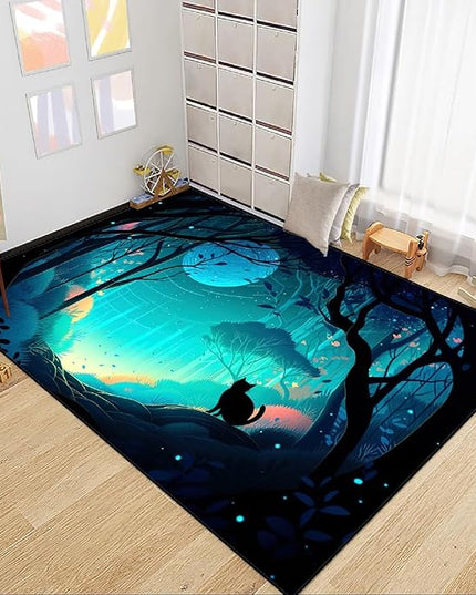 Cat Rug - Magic Black Cat Rug for Home Decor Moon Black Cat Rug for Boys Room Cat Door Mats Outdoor Entrance Forestscape Cat Rug, 3x4 Feet - LeafyLoom