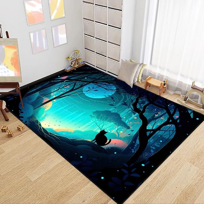 Cat Rug - Magic Black Cat Rug for Home Decor Moon Black Cat Rug for Boys Room Cat Door Mats Outdoor Entrance Forestscape Cat Rug, 3x4 Feet - LeafyLoom