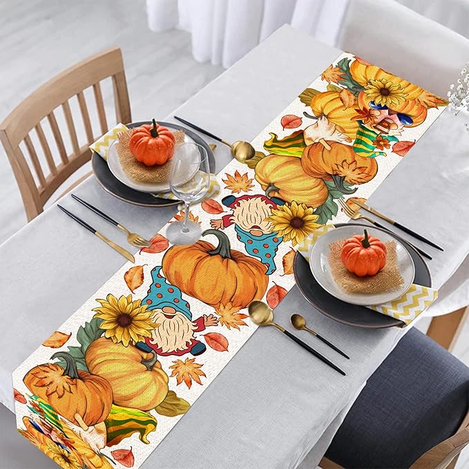 Fall Table Runner 72 Inches Long Autumn Table Runner Pumpkins Maple Leaves Gnome Fall Theme Decor for Kitchen Dining Table Home Party Decorations Unibyby