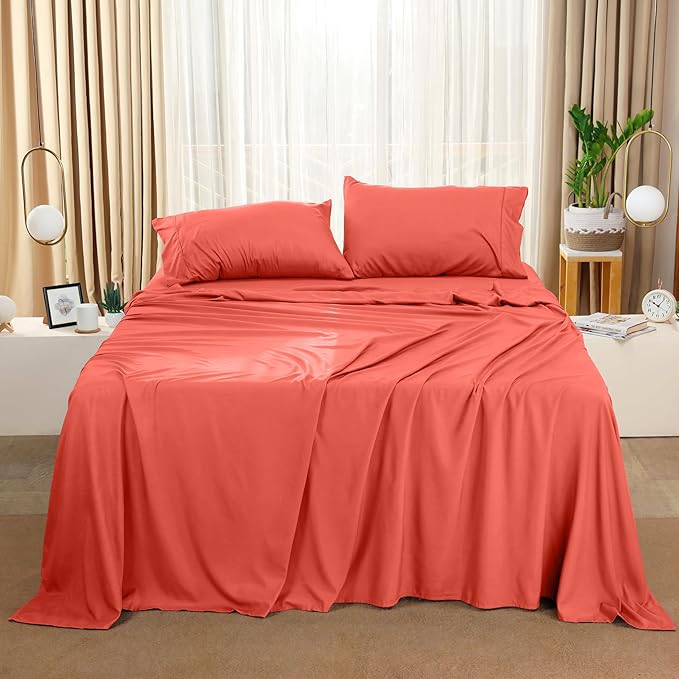 Utopia Bedding Queen Bed Sheets Set - 4 Piece Bedding - Brushed Microfiber - Shrinkage and Fade Resistant - Easy Care (Queen, Coral) - LeafyLoom