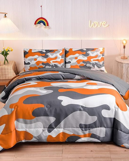 Meeting Story Kids Camo Bedding Set, Army Camouflage Bedding King Comforter Set for Boys Girls Teens Bedroom Decoration, 3Pcs (Orange, King) - LeafyLoom