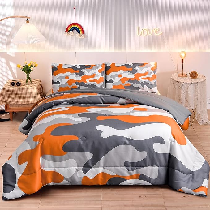 Meeting Story Kids Camo Bedding Set, Army Camouflage Bedding King Comforter Set for Boys Girls Teens Bedroom Decoration, 3Pcs (Orange, King) - LeafyLoom