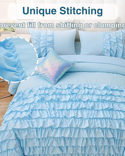 A Nice Night Waterfall Flutter Ruffle Comforter Set,Ruffled Textured Soft Chic Princess 6pcs Bedding Set,with Bling Shiny Sequin Throw Pillow Case,Blue,Queen - LeafyLoom