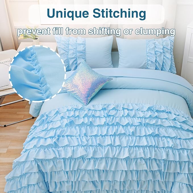 A Nice Night Waterfall Flutter Ruffle Comforter Set,Ruffled Textured Soft Chic Princess 6pcs Bedding Set,with Bling Shiny Sequin Throw Pillow Case,Blue,Queen - LeafyLoom
