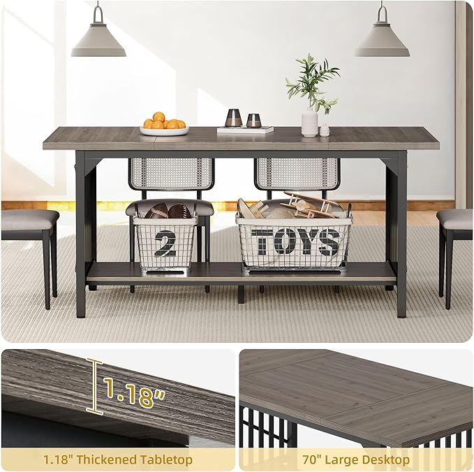 DWVO 70.8" Large Kitchen Dining Table for 6-8 People, Farmhouse Industrial Kitchen Table with Storage, Rectangle Apartment Rustic Dinning Room Dinette Tables for Eating Dinner - LeafyLoom