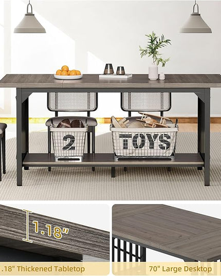 DWVO 70.8" Large Kitchen Dining Table for 6-8 People, Farmhouse Industrial Kitchen Table with Storage, Rectangle Apartment Rustic Dinning Room Dinette Tables for Eating Dinner - LeafyLoom