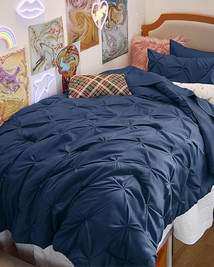 Bedsure Twin XL Comforter Set for Boys - Extra Long 5 Pieces Dorm Bedding Sets, Pinch Pleat Navy Blue Bed in a Bag with Comforter, Sheets, Pillowcase & Sham - LeafyLoom