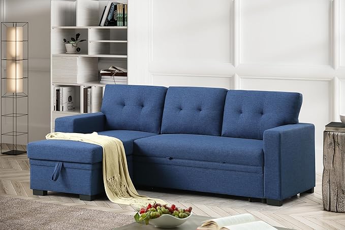 92" L-Shape Sectional Sofa with Storage Chaise Pull-out bed, Linen Tufted Upholstery Corner Couch W/Side Open Cup Holder for Living Room, Apartment,Office,Home Furniture Sets,Blue - LeafyLoom