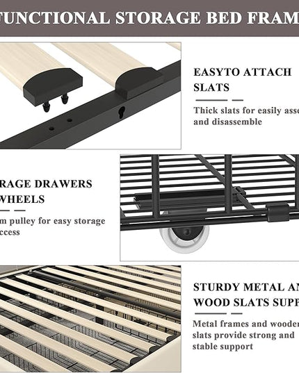 VECELO Full Size Upholstered Platform Bed Frame with 4 Storage Drawers, Adjustable Velvet Rivets Headboard, Wooden Slats Support, No Box Spring Needed, Easy Assembly - LeafyLoom