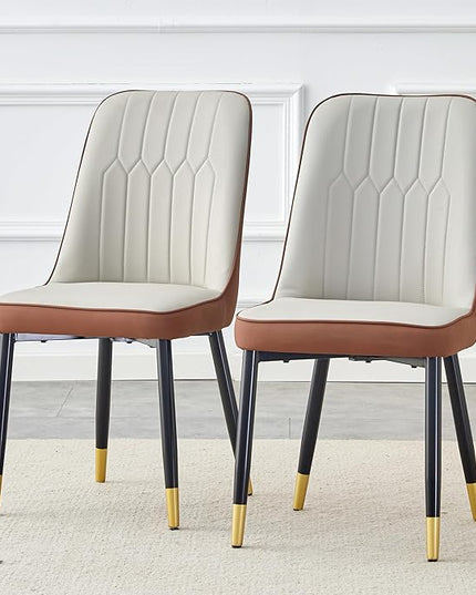Modern Set of 2, Faux Leather Dining PU Upholstered Kitchen Chair with Black Golden Metal Legs for Home Living Room, Restaurant, 2 Piece, Brown+light Gray - LeafyLoom