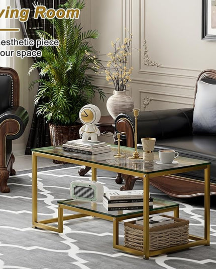 Coffee Table Gold Glass Coffee Table for Living Room,2 Tiers Rectangle Center Table with Sturdy Metal Frame,Modern Tempered Glass Accent Table for Bedroom Home Office - LeafyLoom