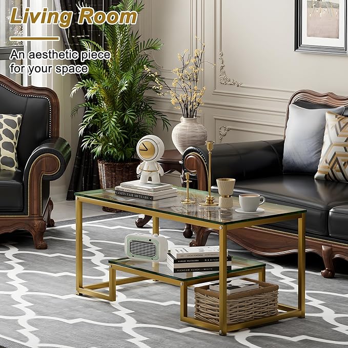 Coffee Table Gold Glass Coffee Table for Living Room,2 Tiers Rectangle Center Table with Sturdy Metal Frame,Modern Tempered Glass Accent Table for Bedroom Home Office - LeafyLoom