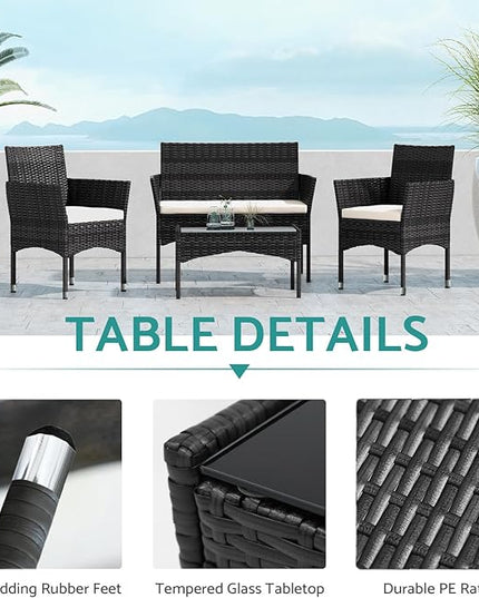 Patio Furniture, 4 Piece Conversation Set, Outdoor Wicker Rattan Table and Chairs, Sectional Sofa with Thick Cushion for Garden, Yard, or Porch, Dark Black - LeafyLoom