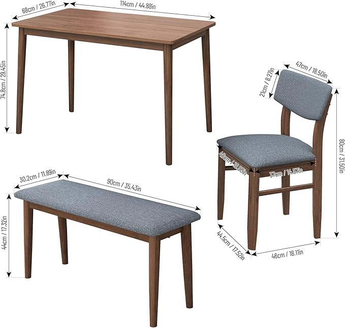 5 Piece Kitchen Dining, Wooden Rectangular Table Chairs and 2 Upholstered Bench, Retro Rustic Dinette Set for 6 People for Living Room Furniture, Walnut - LeafyLoom