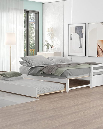 Wooden Extendable Daybed, Twin to King Daybed Frame with Trundle, Extending Sofa Bed for Living Room Bedroom Guest Room, White - LeafyLoom