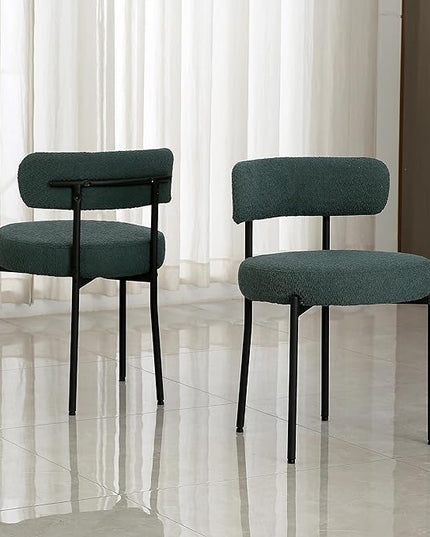 DYHOME Green Dining Chairs Set of 6, Mid-Century Modern Dining Chairs, Kitchen Dining Room Chairs, Curved Backrest Round Upholstered Boucle Sherpa Dining Chair with Black Metal Legs - LeafyLoom