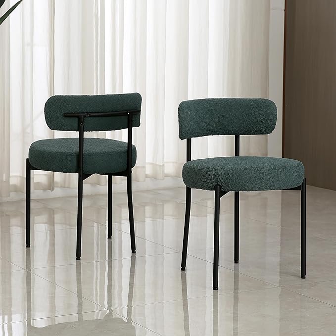 DYHOME Green Dining Chairs Set of 6, Mid-Century Modern Dining Chairs, Kitchen Dining Room Chairs, Curved Backrest Round Upholstered Boucle Sherpa Dining Chair with Black Metal Legs - LeafyLoom