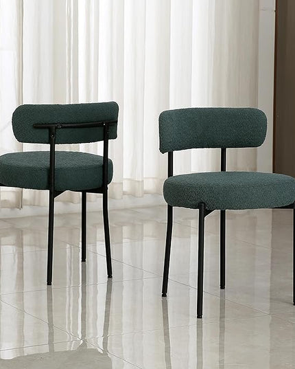 DYHOME Green Dining Chairs Set of 2, Mid-Century Modern Dining Chairs, Kitchen Dining Room Chairs, Curved Backrest Round Upholstered Boucle Sherpa Dining Chair with Black Metal Legs - LeafyLoom
