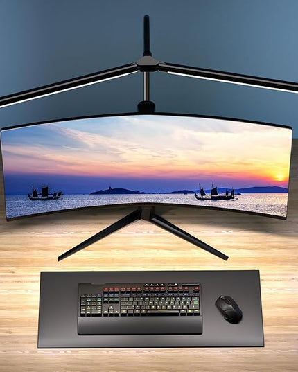 Quntis Double Head LED Tall Desk Lamp for Home Office, 31.5-inch Foldable Computer Desk Light with Clamp, Dimmable Dual Monitor Light Bar for Curved Screen Architect Drafting Design - 32 Modes - LeafyLoom