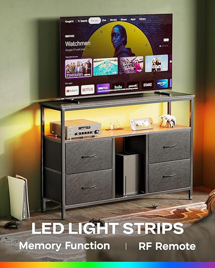 TV Stand Dresser with Power Outlets and LED Lights, 4 Drawers Entertainment Center with Open Shelf, Media Console for 50 43 Inch TV, Dresser with PU Finish, Grey and Black - LeafyLoom