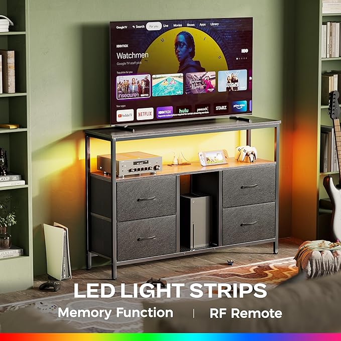 TV Stand Dresser with Power Outlets and LED Lights, 4 Drawers Entertainment Center with Open Shelf, Media Console for 50 43 Inch TV, Dresser with PU Finish, Grey and Black - LeafyLoom