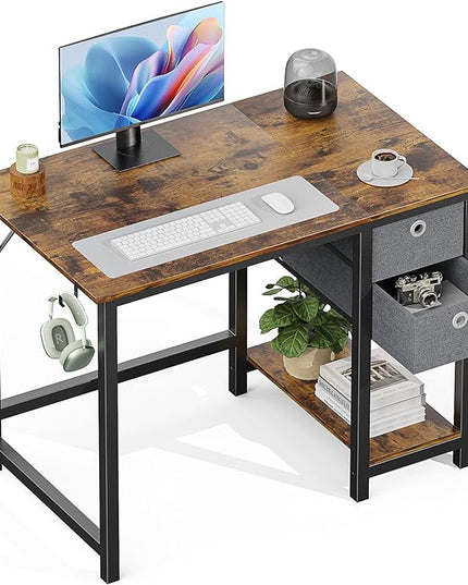 Sweetcrispy Small Computer Desk with Drawers 40 Inch Office Writing Work Kids Study 2-Tier Wood Corner Table with Storage Drawers Shelf for Bedroom Home Office - Rustic Brown - LeafyLoom