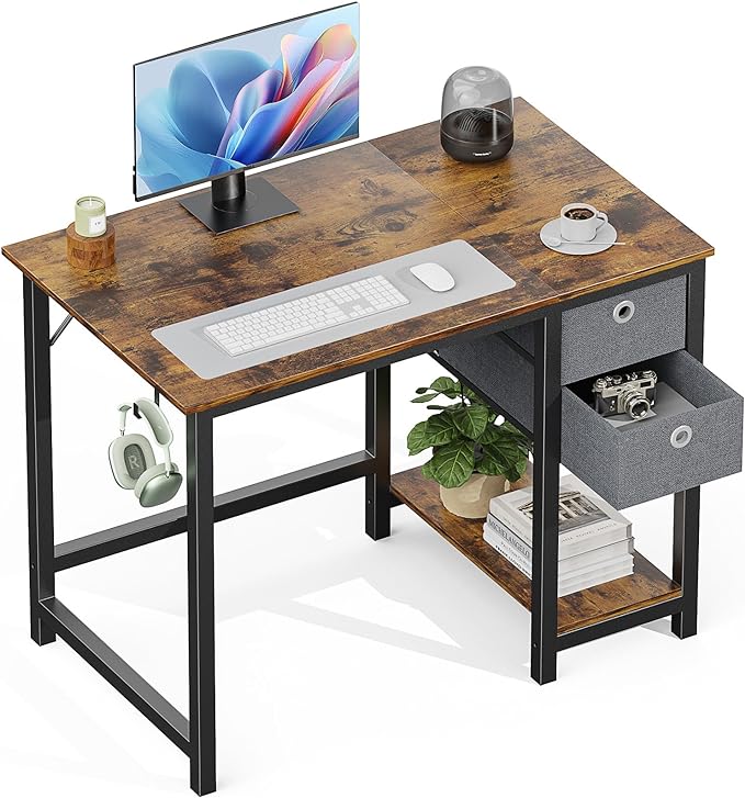 Sweetcrispy Small Computer Desk with Drawers 40 Inch Office Writing Work Kids Study 2-Tier Wood Corner Table with Storage Drawers Shelf for Bedroom Home Office - Rustic Brown - LeafyLoom